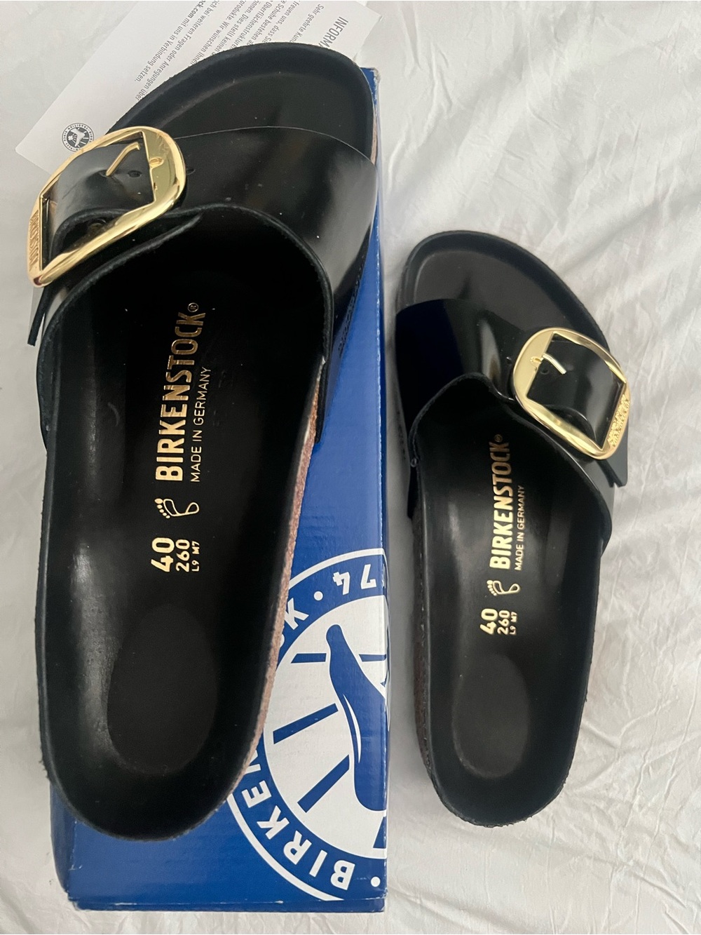 Birkenstock Black Patent Madrid Slide Sandals with Gold Buckle- worn 1x-EXCELLT